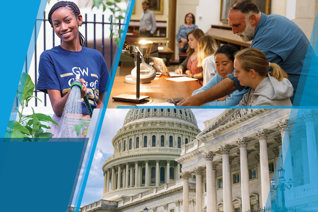 collage of photos featuring José Andrés, a GW student in the GroW garden, and the capital building
