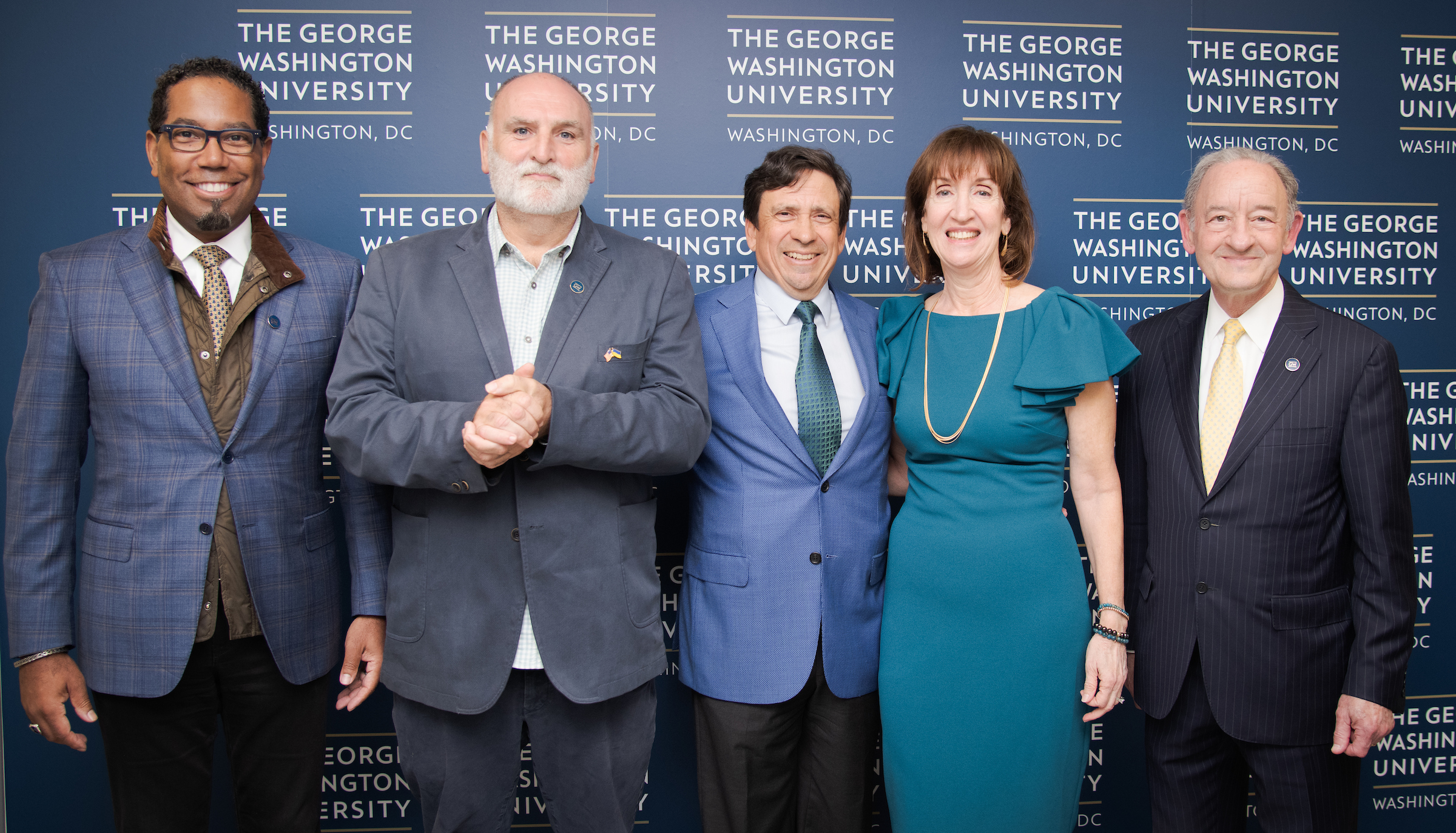 Provost Bracey, José Andrés, Nelson Carbonell Jr., Michele Carbonell and President Wrighton gathered together at the celebration of the launch of the Global Food Institute. (Photo: Abby Greenawalt) 