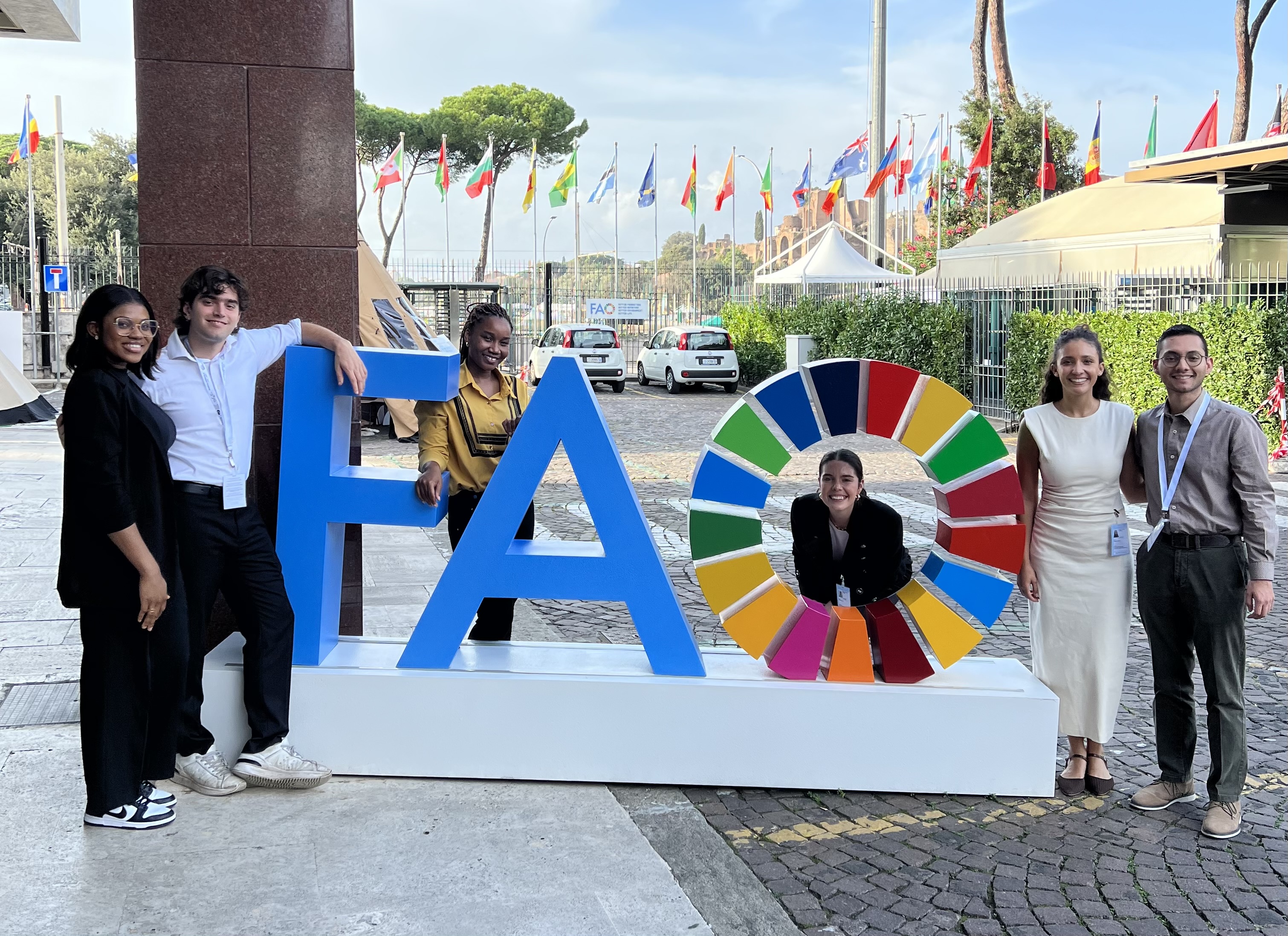 (From left to right) Angela Tarana, Nicholas Smaldone, Lois Maison, Sydney Pryor, Kailey McNeal, and Juan Archila Godinez at the 2023 World Food Forum
