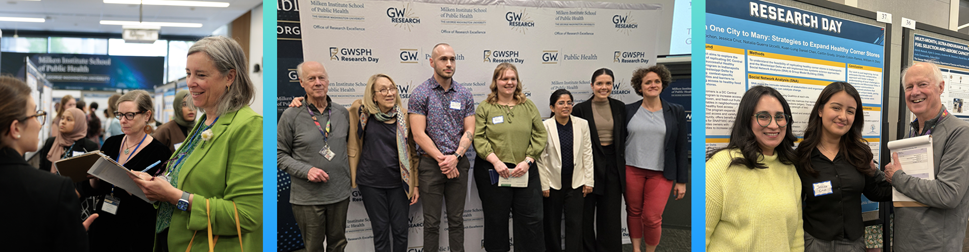 a collage of three photos showing poster presentations, a group photo of the winners, and students smiling in front of a poster