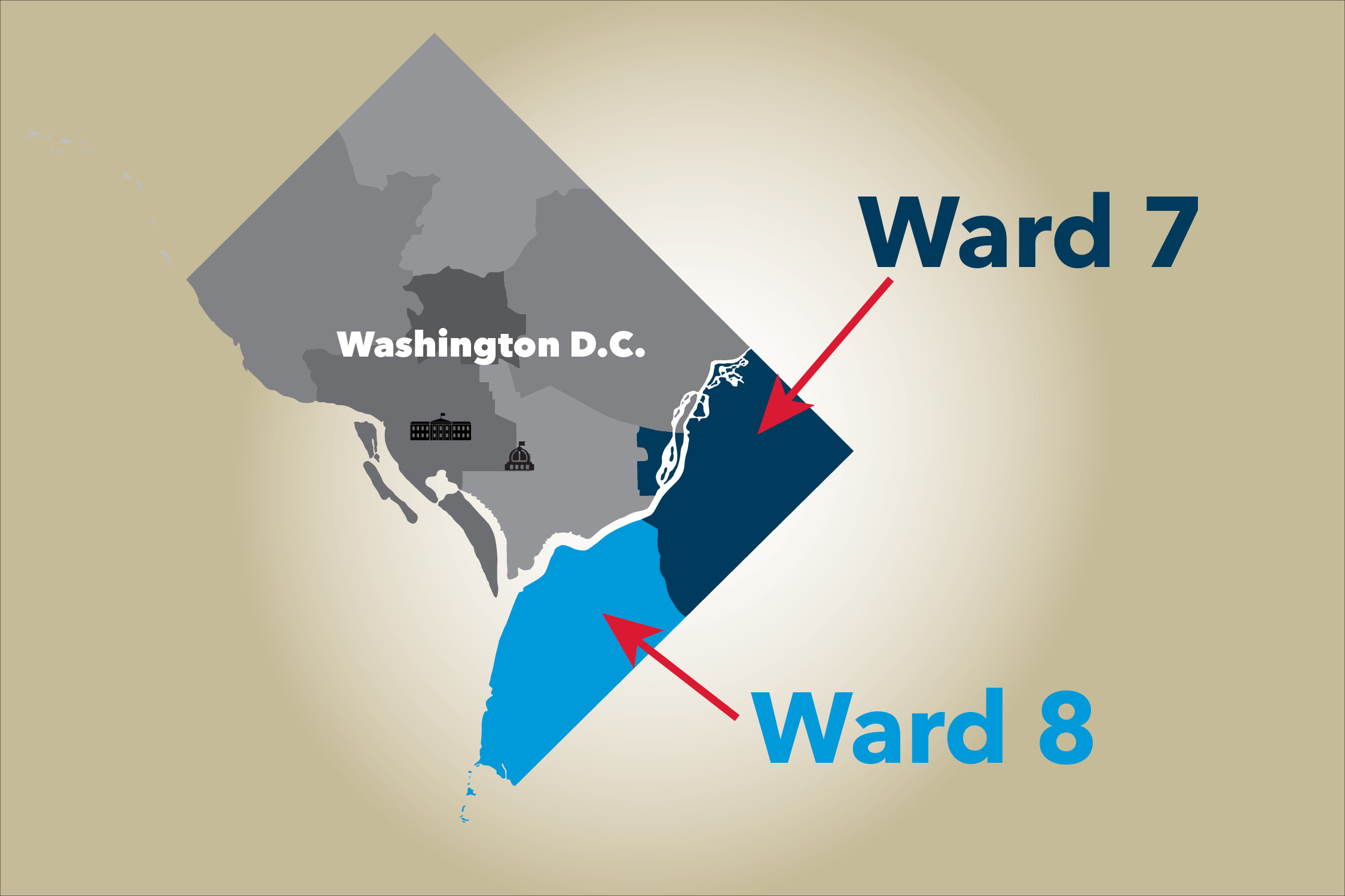 Map of DC highlighting Wards 7 and 8