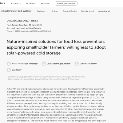 a preview of the article titled, "Nature-inspired solutions for food loss prevention: exploring smallholder farmers' willingness to adopt solar-powered cold storage"